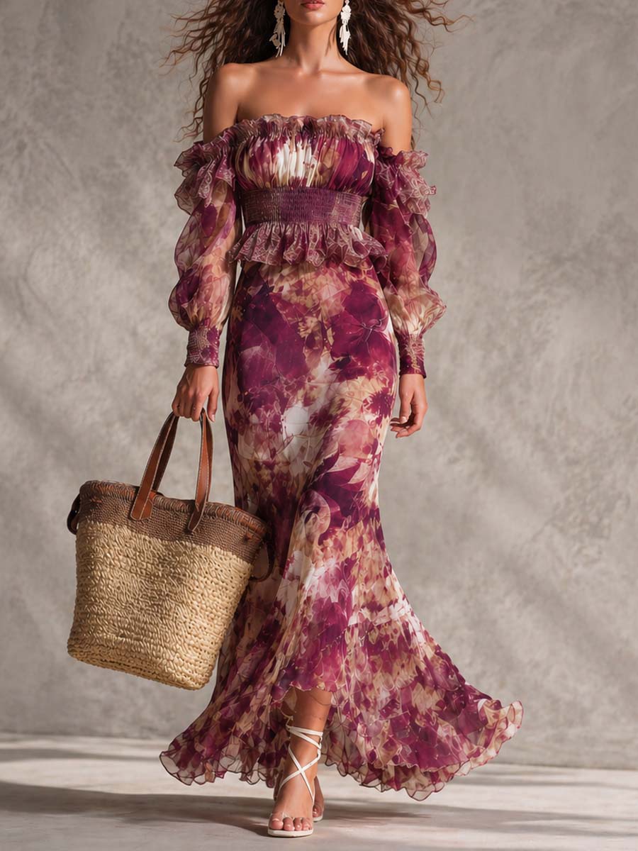 Robe Longue en Mousseline Épaules Dénudées, Fleurie Rose Poudré
