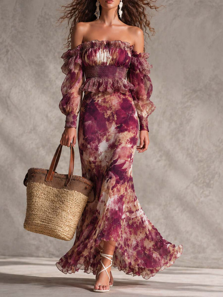 Robe Longue en Mousseline Épaules Dénudées, Fleurie Rose Poudré