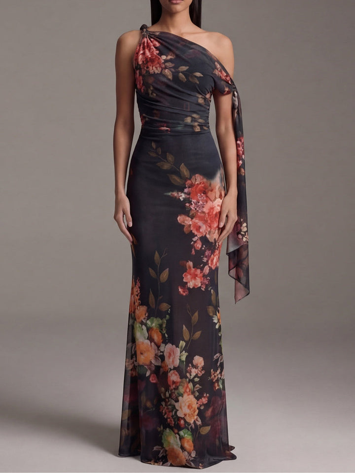 Robe Longue Asymétrique en Mousseline Plissée Noire Imprimée