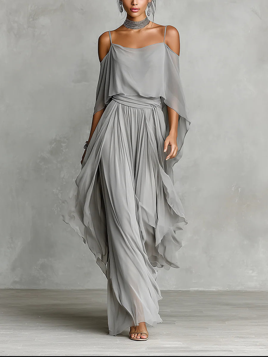 Ensemble en Mousseline Gris, Caraco Fluide Épaules Dénudées et Pantalon