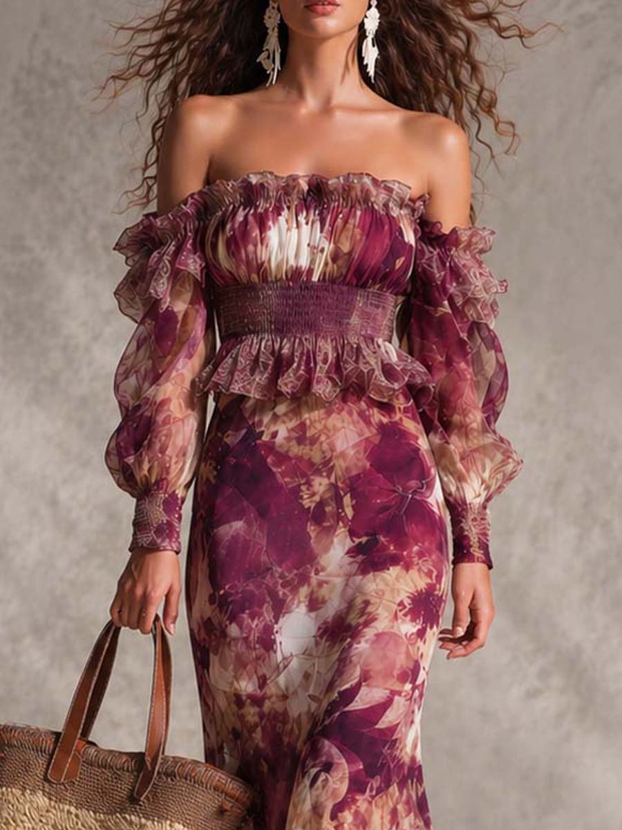 Robe Longue en Mousseline Épaules Dénudées, Fleurie Rose Poudré