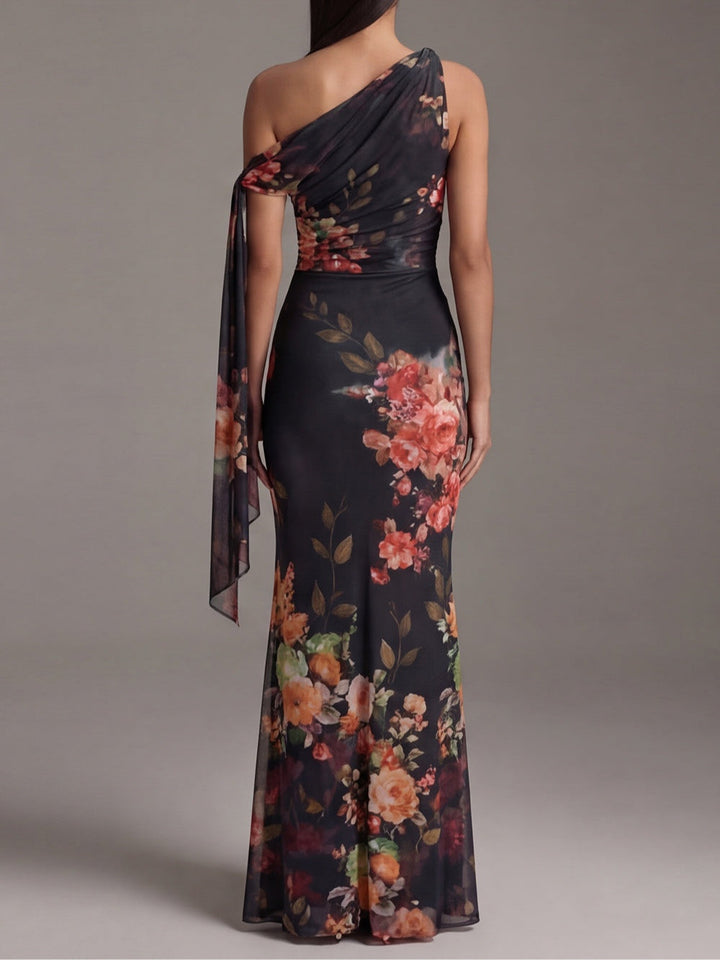 Robe Longue Asymétrique en Mousseline Plissée Noire Imprimée
