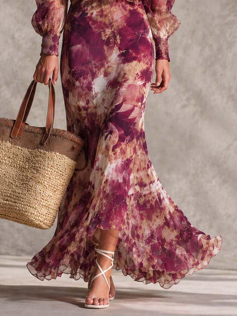 Robe Longue en Mousseline Épaules Dénudées, Fleurie Rose Poudré