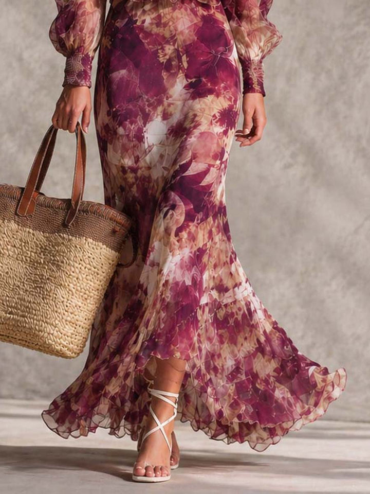 Robe Longue en Mousseline Épaules Dénudées, Fleurie Rose Poudré