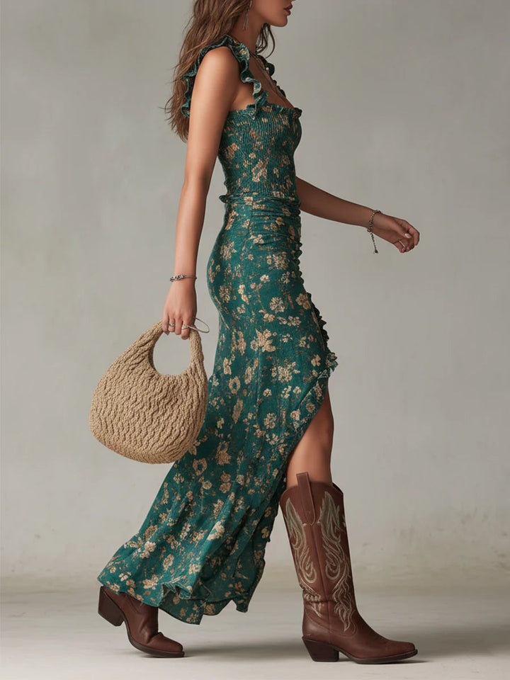 Robe Longue Bohème Imprimée Verte à Manches Volantées