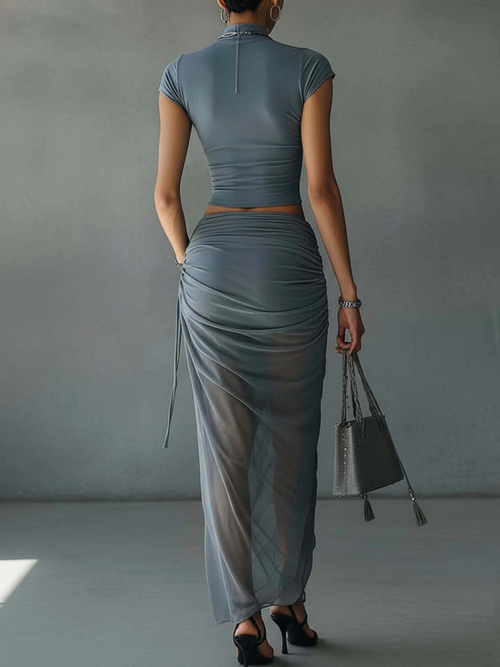 Ensemble T-Shirt Court Bleu et Jupe Drapée en Tulle Transparent