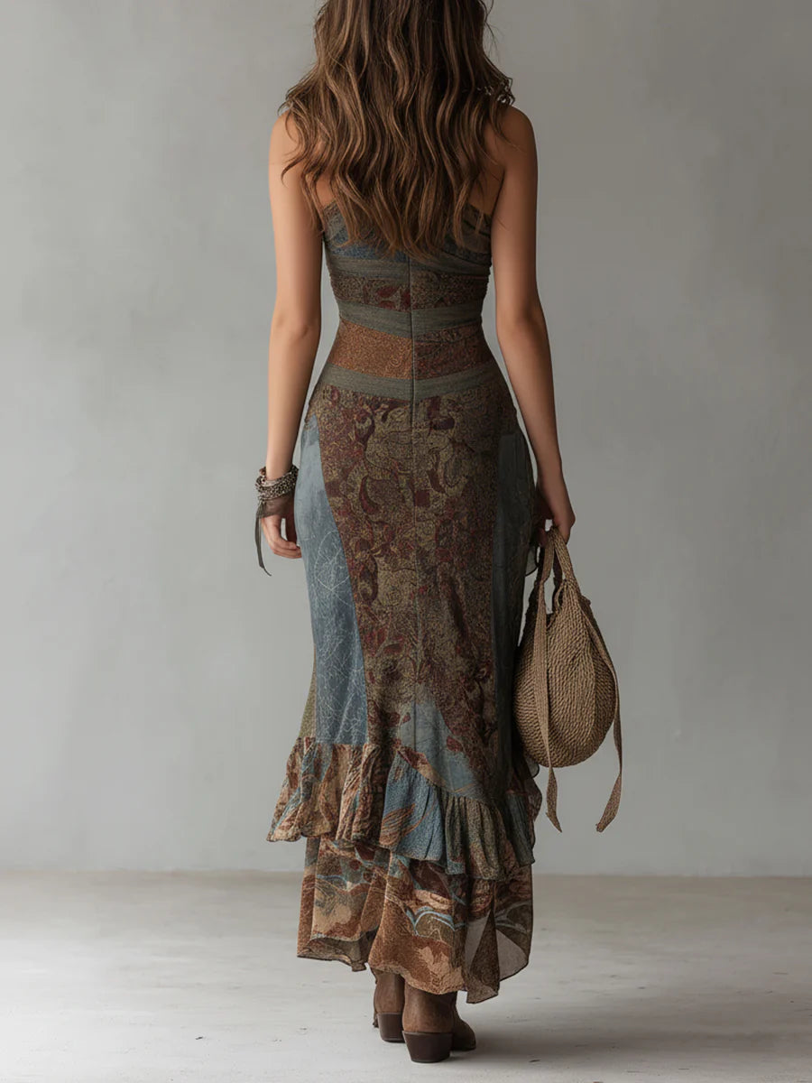 Robe Longue Asymétrique Imprimée Style Ethnique à Fente Haute