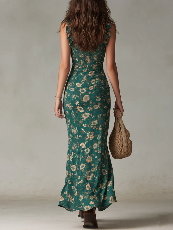 Robe Longue Bohème Imprimée Verte à Manches Volantées