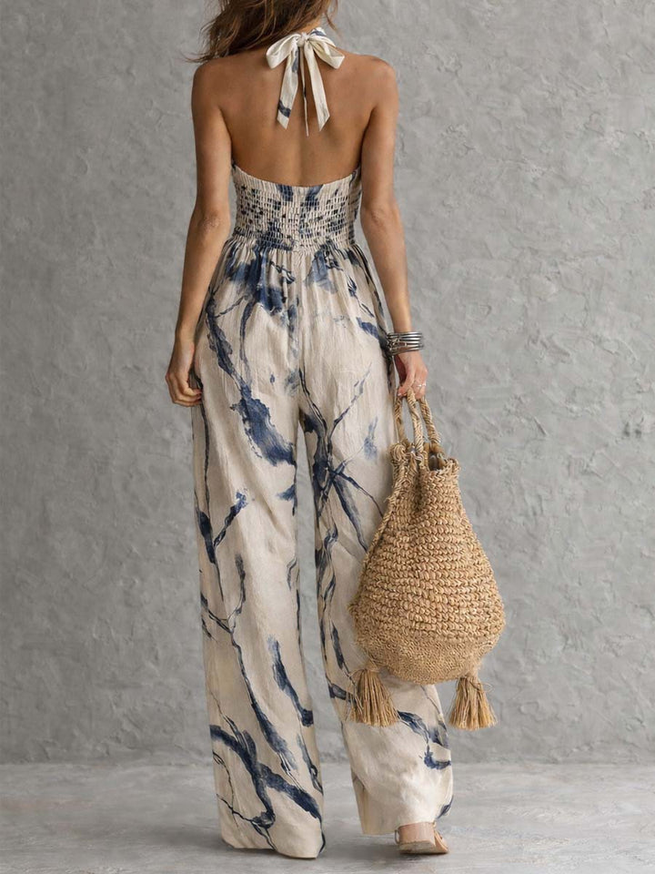 Combinaison Pantalon Large à Poches, Imprimé Encre de Chine, Col Licou