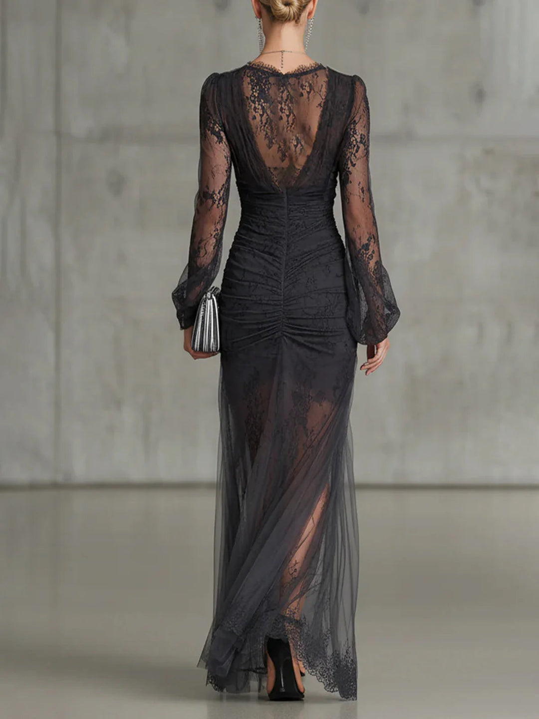 Robe Longue Fendue en Dentelle Transparente Gris Foncé, Manches Longues, Froncée