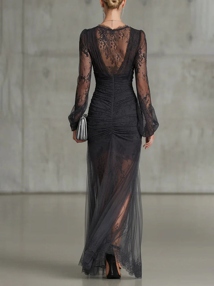 Robe Longue Fendue en Dentelle Transparente Gris Foncé, Manches Longues, Froncée