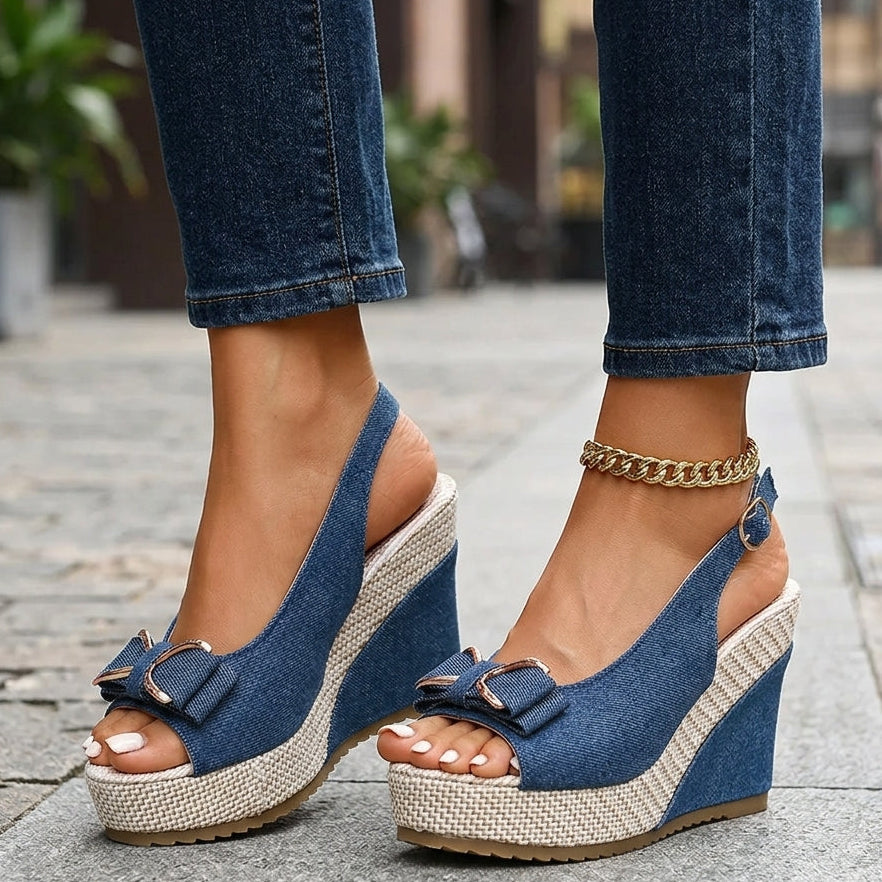 Celeste Compensées en Denim à Nœud