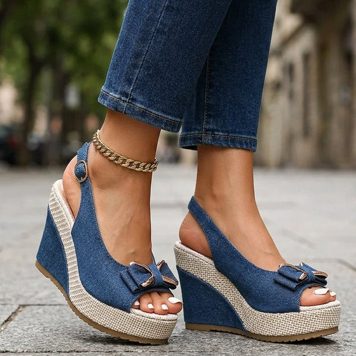 Celeste Compensées en Denim à Nœud