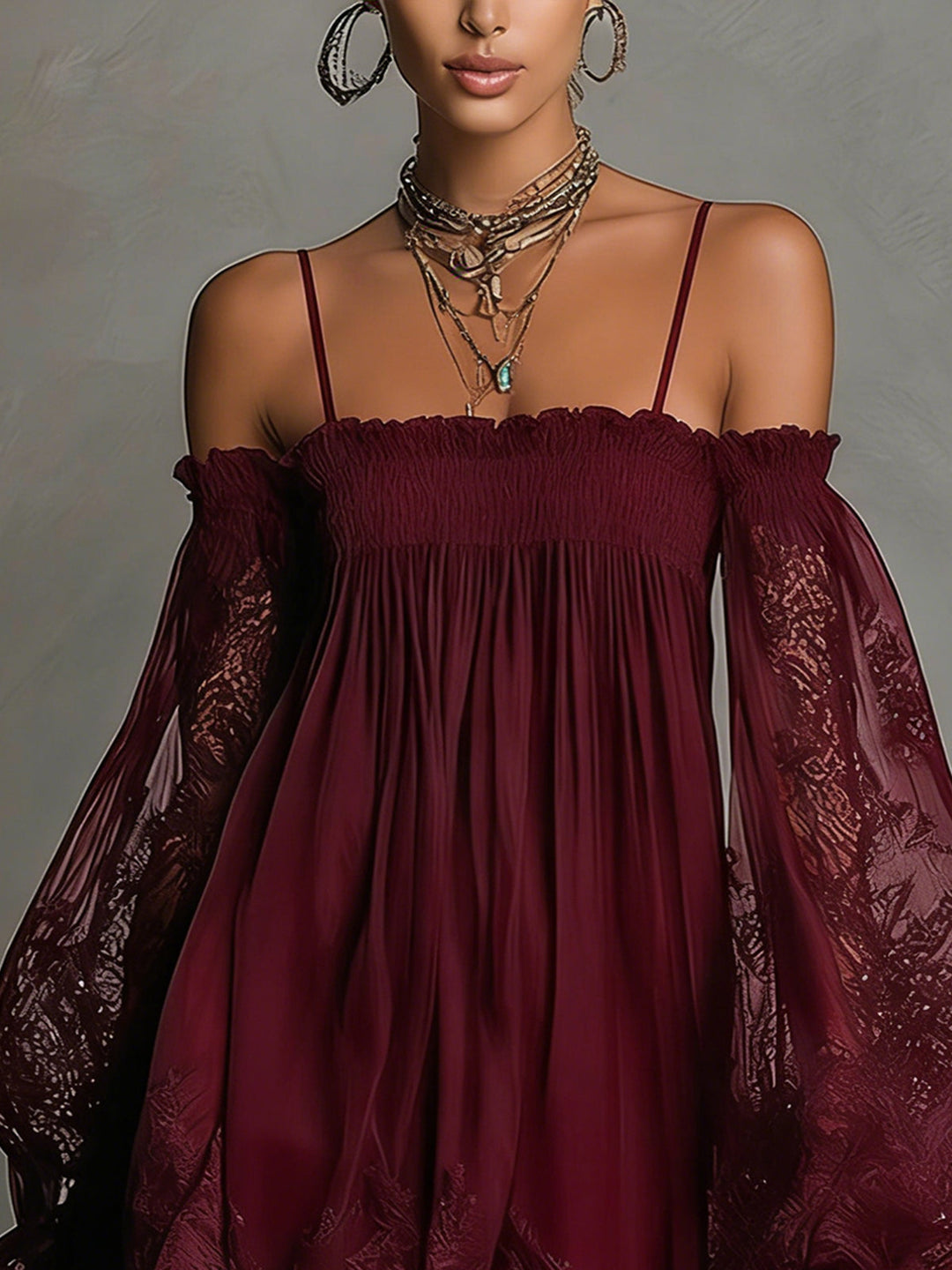 Noemi | Robe Mini en Chiffon Bleu Marine, Épaules Dénudées, Bordure en Dentelle et Manches Transparentes