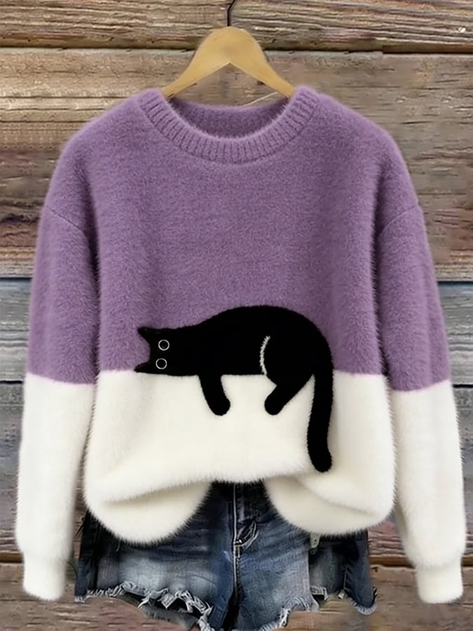 Camille | Pull Oversize Élégant Imprimé Chat