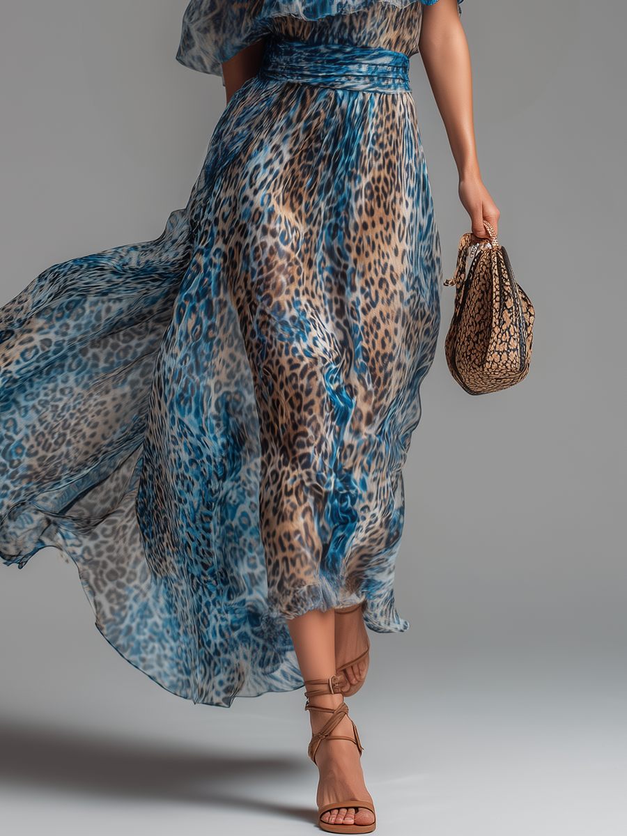 Wild - Robe Longue en Chiffon à Imprimé Léopard et Épaules Dénudées