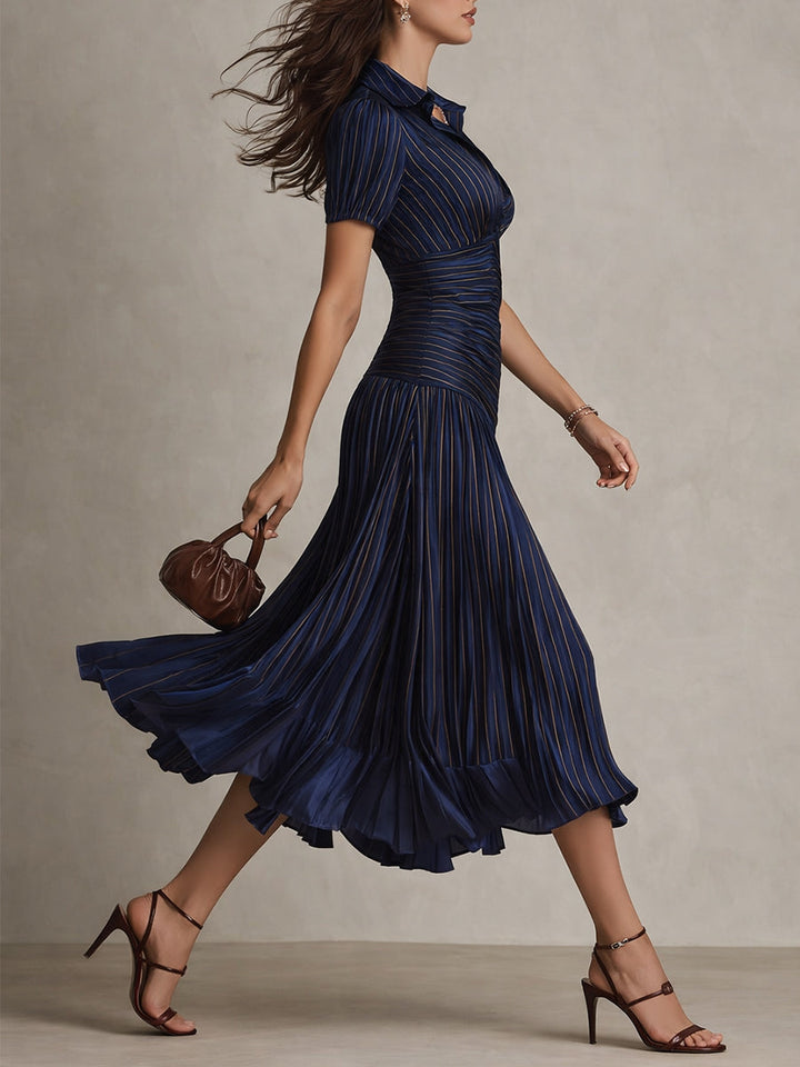 Adriana - Robe Midi en Satin Rayé Rétro