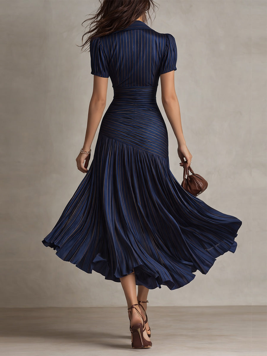 Adriana - Robe Midi en Satin Rayé Rétro