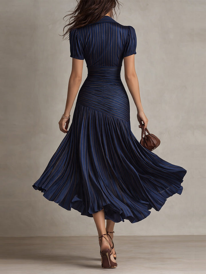 Adriana - Robe Midi en Satin Rayé Rétro