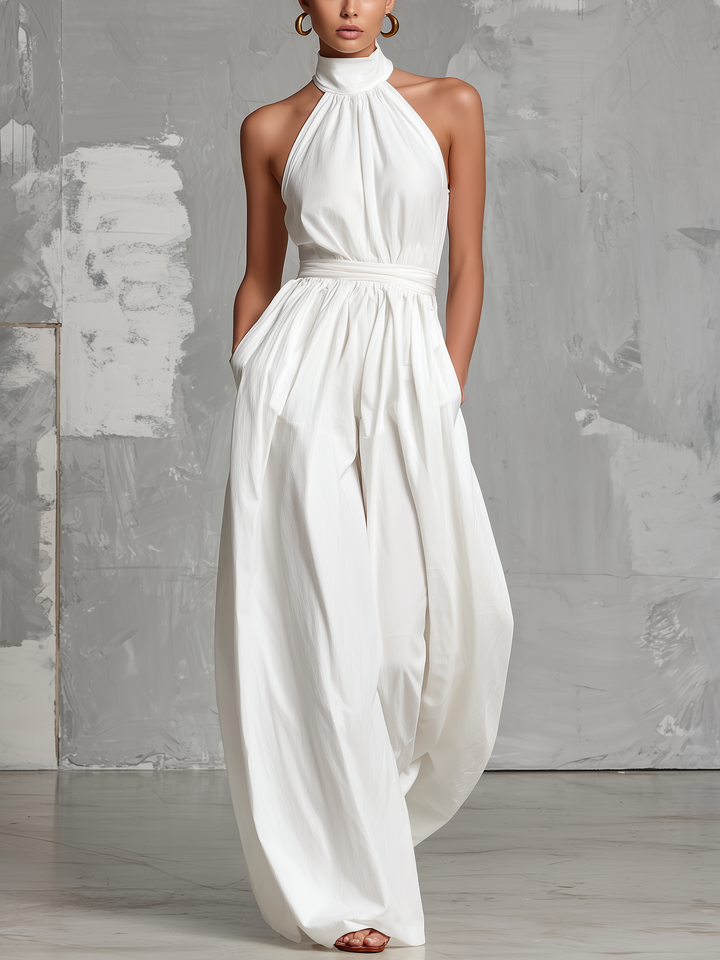 Zoltán | Combinaison Blanche Élégante en Tissu Tissé, Sans Manches, Col Halter • S1