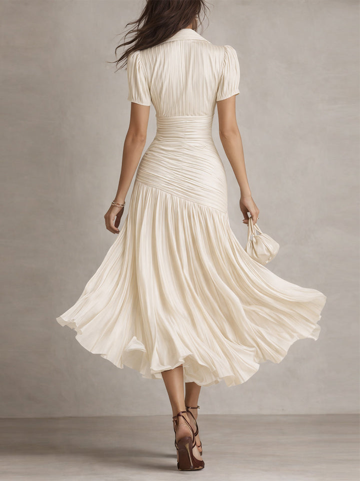 Adriana - Robe Midi en Satin Rayé Rétro