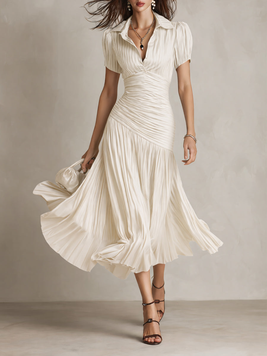 Adriana - Robe Midi en Satin Rayé Rétro