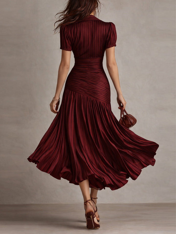 Adriana - Robe Midi en Satin Rayé Rétro
