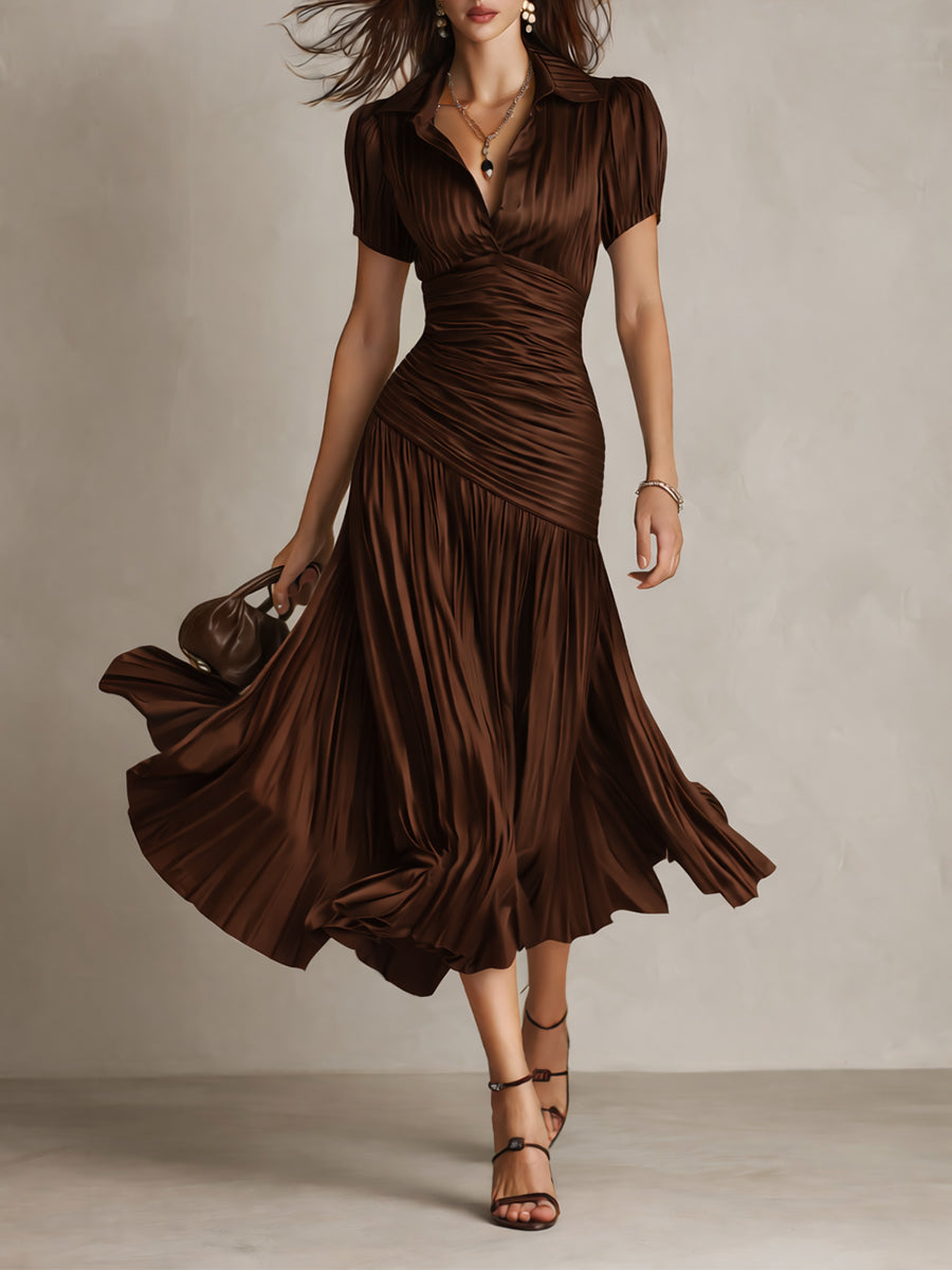 Adriana - Robe Midi en Satin Rayé Rétro