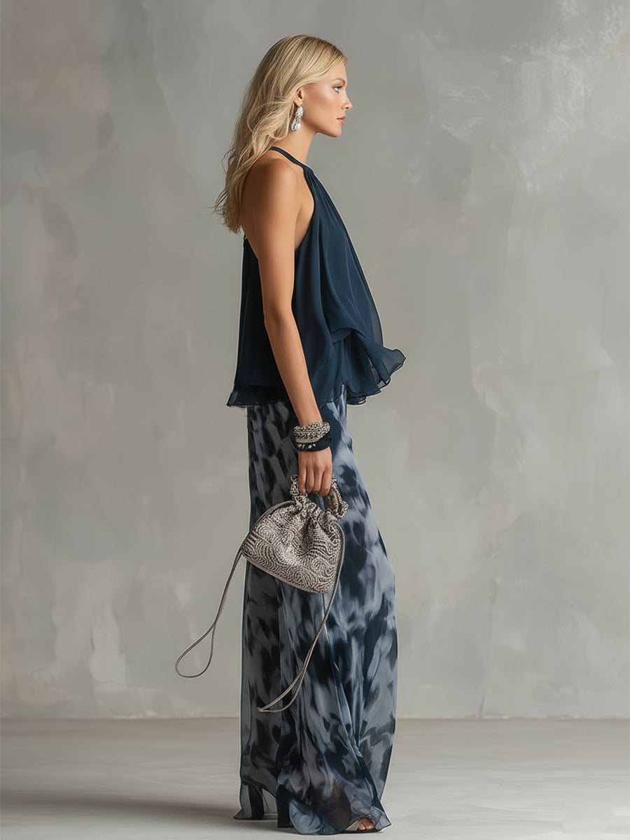 Ludovica | Ensemble Chic Haut Halter Bleu Marine et Pantalon Large Imprimé