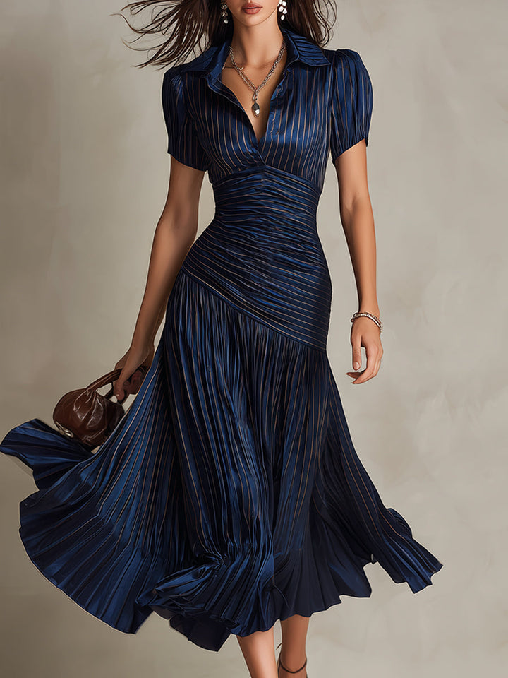 Adriana - Robe Midi en Satin Rayé Rétro
