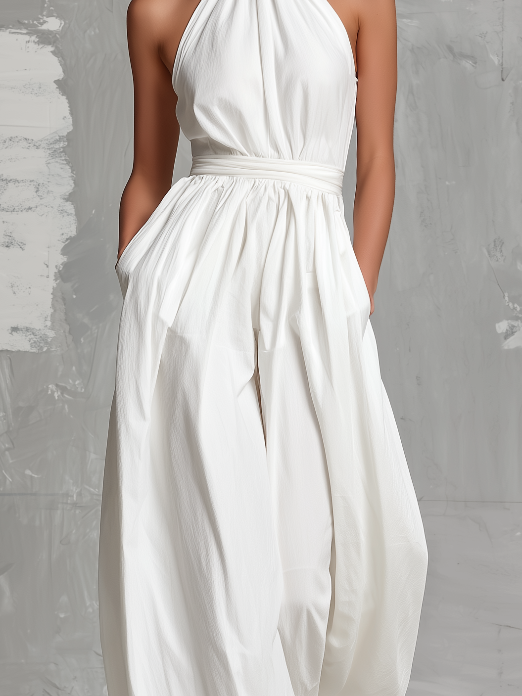 Zoltán | Combinaison Blanche Élégante en Tissu Tissé, Sans Manches, Col Halter • S1