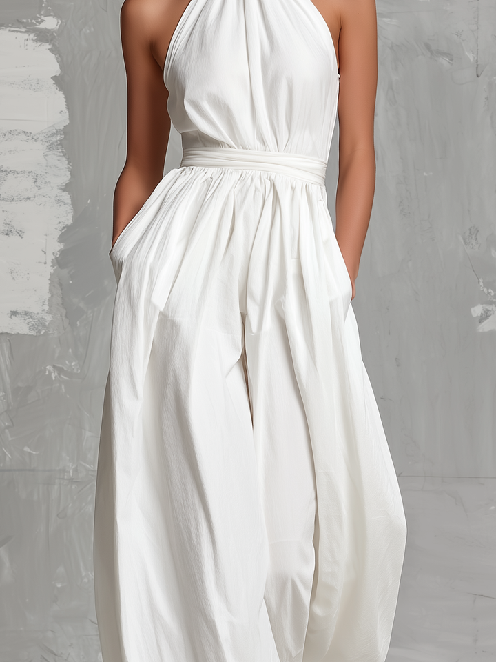 Zoltán | Combinaison Blanche Élégante en Tissu Tissé, Sans Manches, Col Halter • S1