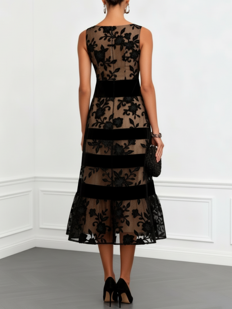 Robe Mi-Longue Évasée Noire en Tulle Fleuri, Sans Manches