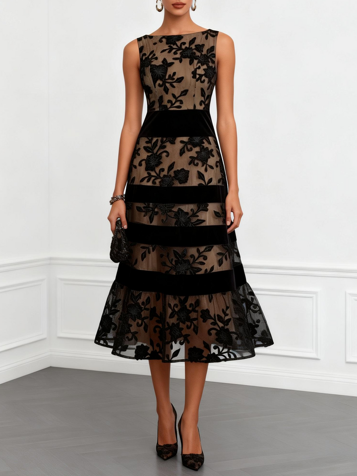 Robe Mi-Longue Évasée Noire en Tulle Fleuri, Sans Manches