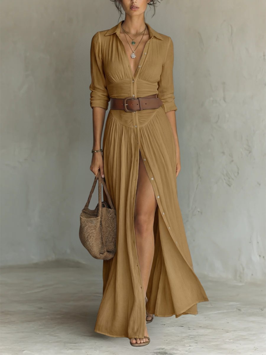 Robe Longue Maxi à Col Cranté et Manches Longues pour Femme • S1