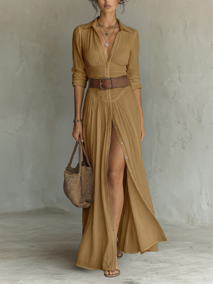 Robe Longue Maxi à Col Cranté et Manches Longues pour Femme • S1