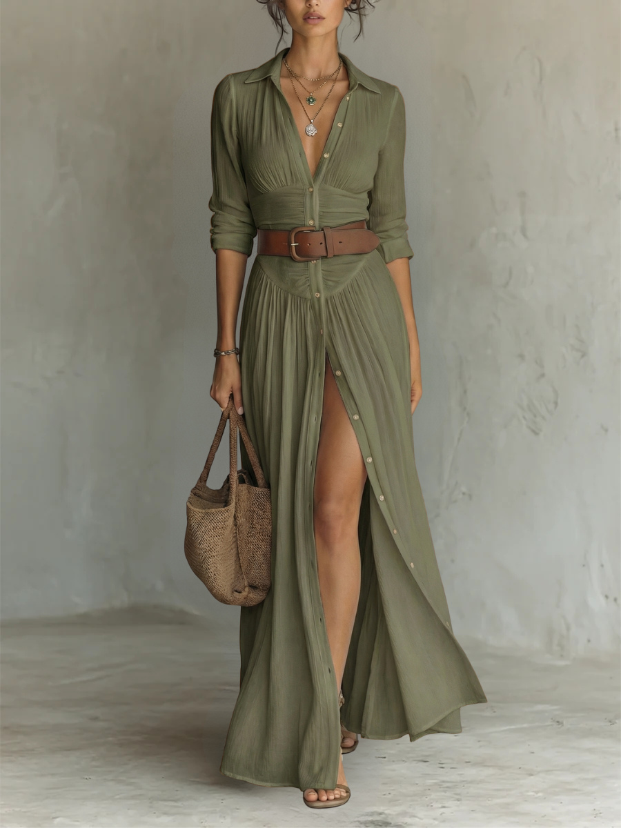 Robe Longue Maxi à Col Cranté et Manches Longues pour Femme • S1