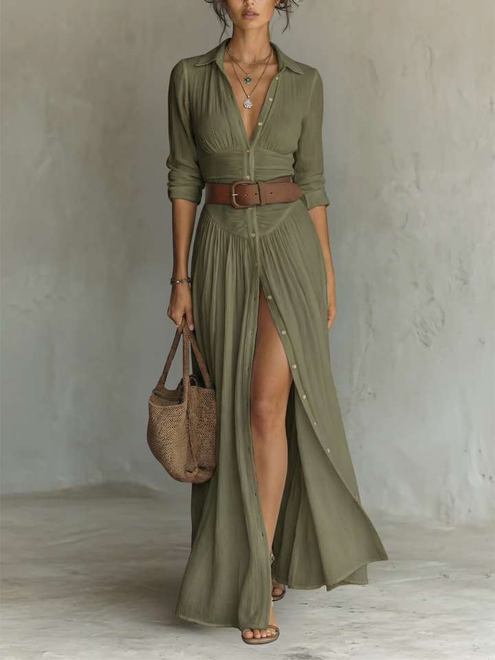 Robe Longue Maxi à Col Cranté et Manches Longues pour Femme • S1
