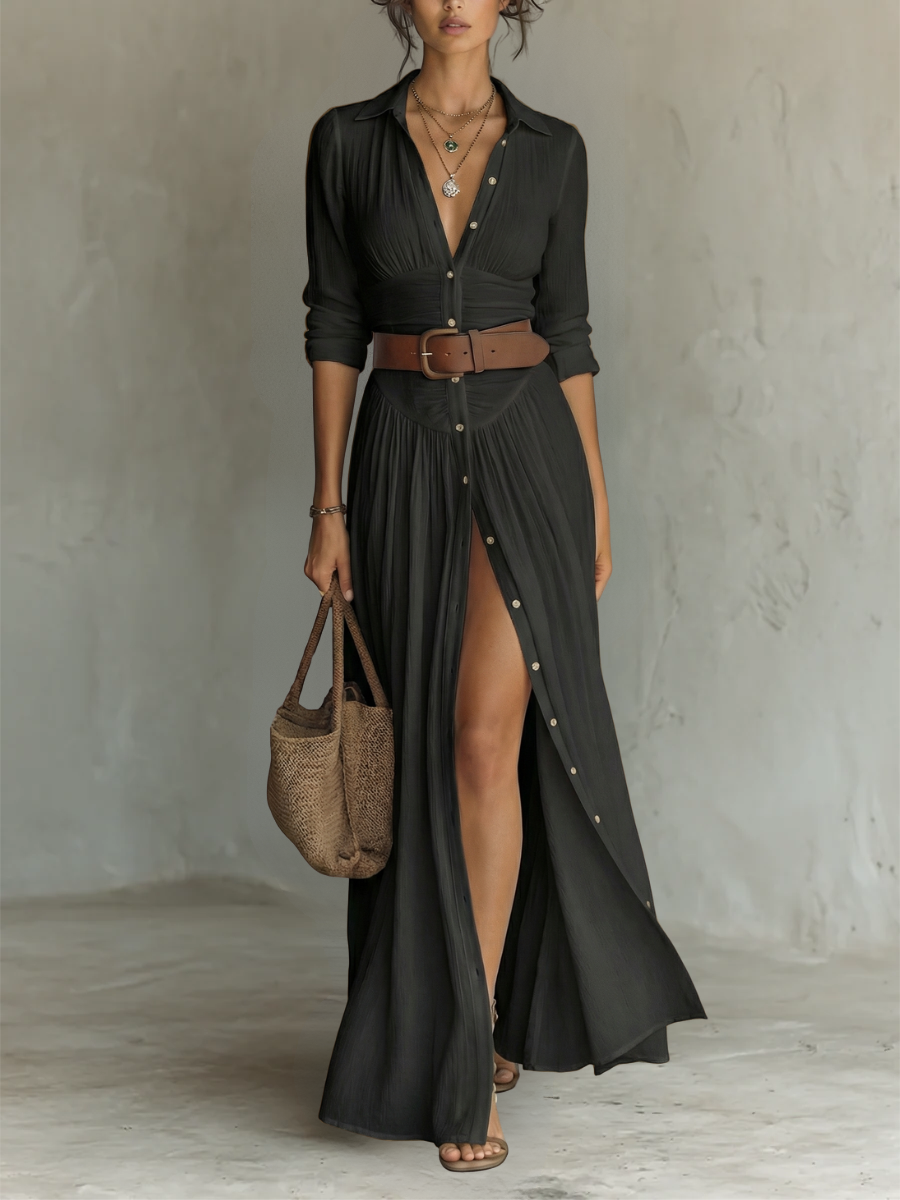 Robe Longue Maxi à Col Cranté et Manches Longues pour Femme • S1
