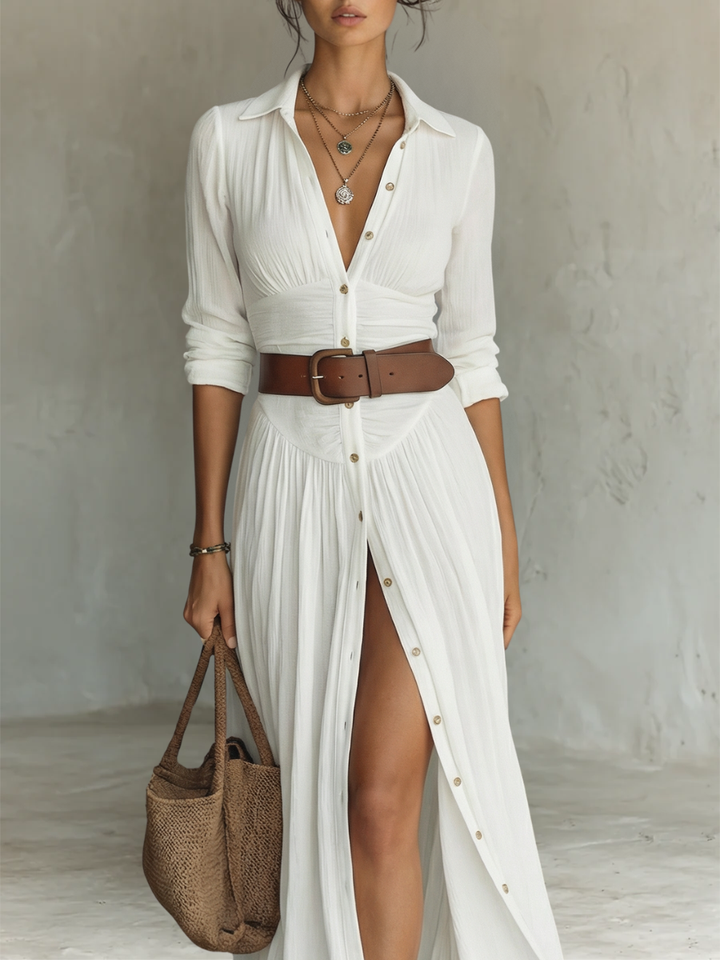 Robe Longue Maxi à Col Cranté et Manches Longues pour Femme • S1