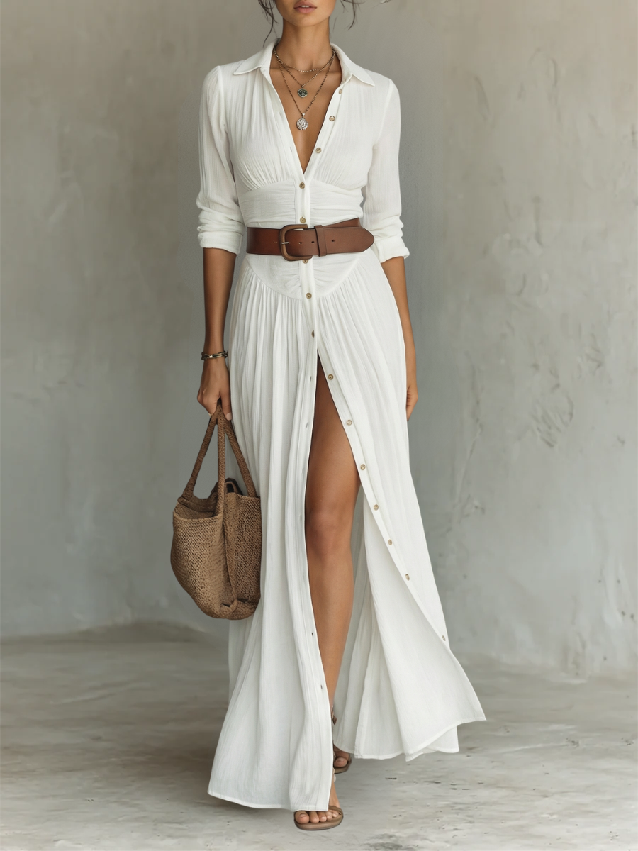 Robe Longue Maxi à Col Cranté et Manches Longues pour Femme • S1