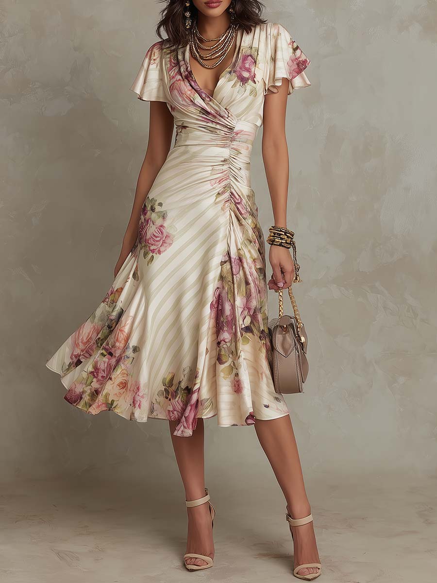 Alba | Robe Midi Cache-Cœur Froncée à Motif Floral Élégant