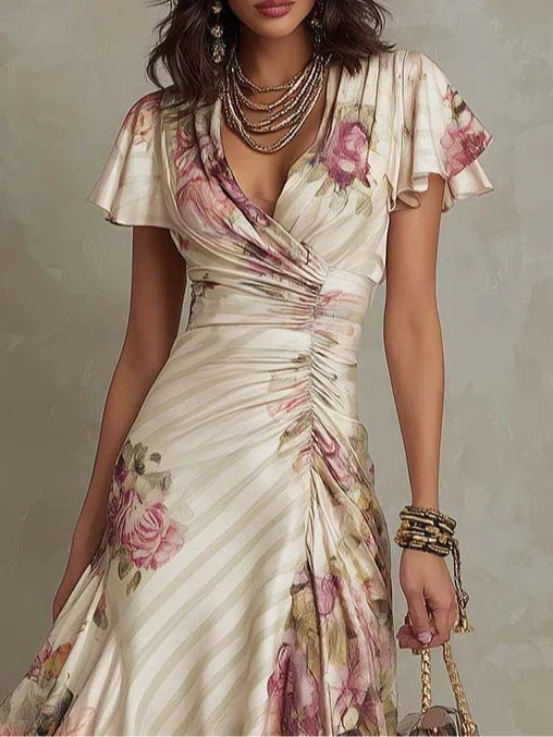Alba | Robe Midi Cache-Cœur Froncée à Motif Floral Élégant