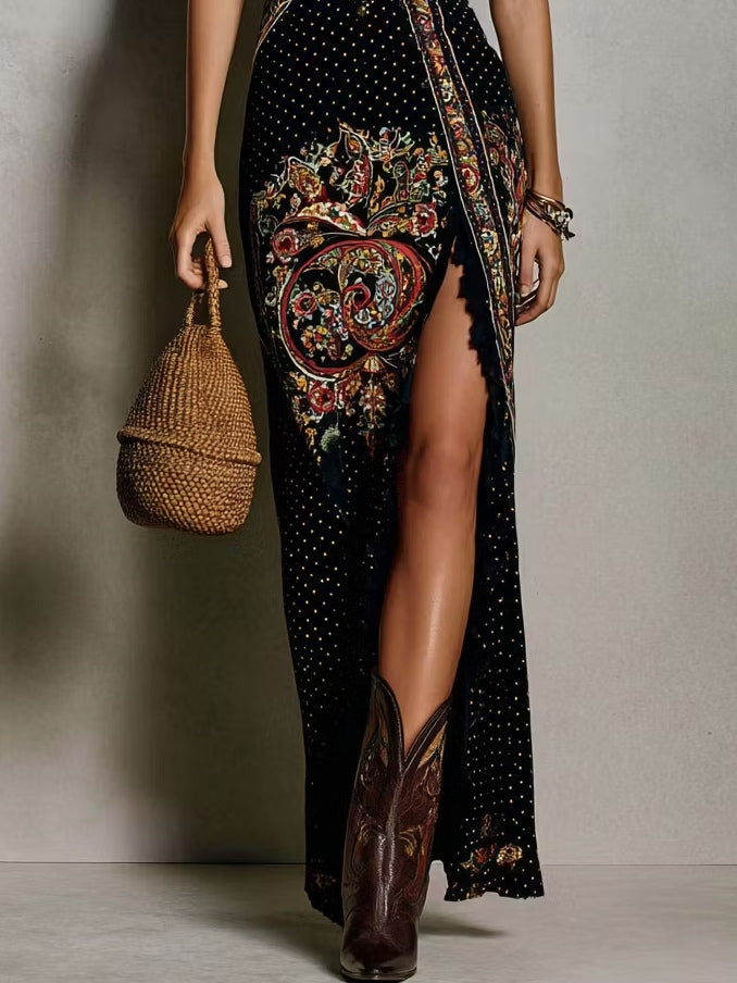 Robe Imprimée Style Bohème à Col en V Profond et Fente Haute