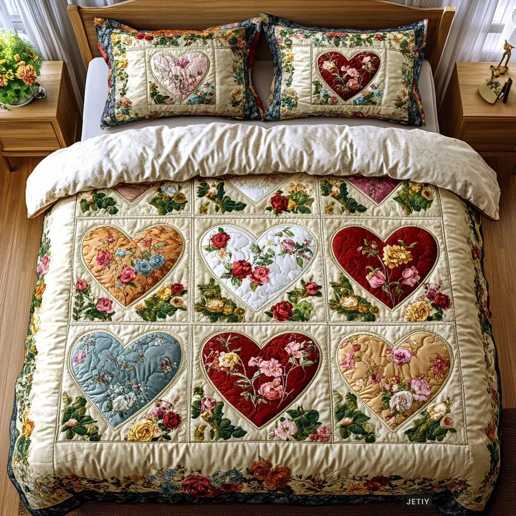 Parure de Lit Matelassée 3 Pièces – Cœurs Amoureux
