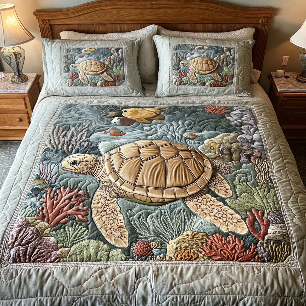 Parure de Lit Matelassée 3 Pièces – Tortues Marines