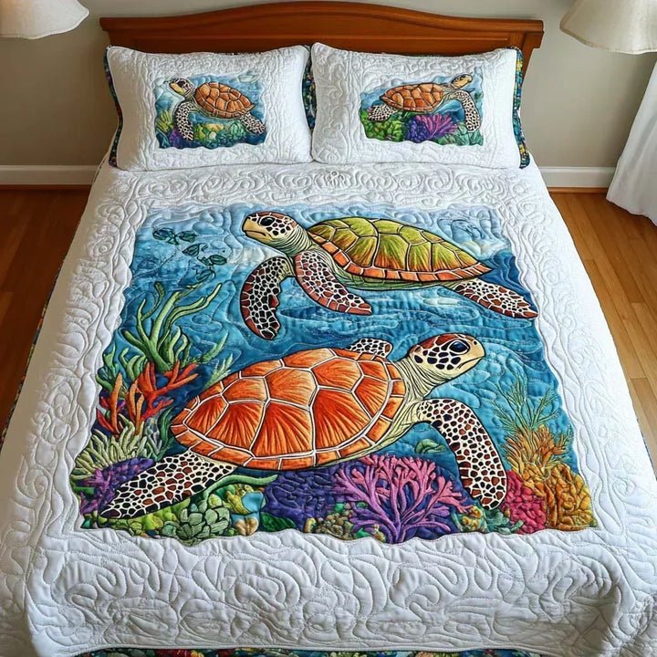 Parure de Lit Matelassée 3 Pièces – Tortues Marines