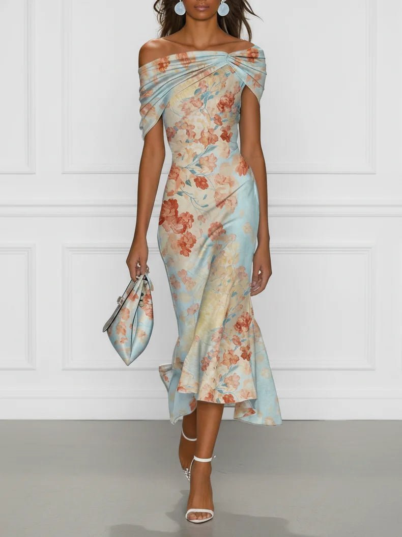 Vittoria - Robe Midi Sirène Sans Manches, Épaules Dénudées et Motif Floral Bleu