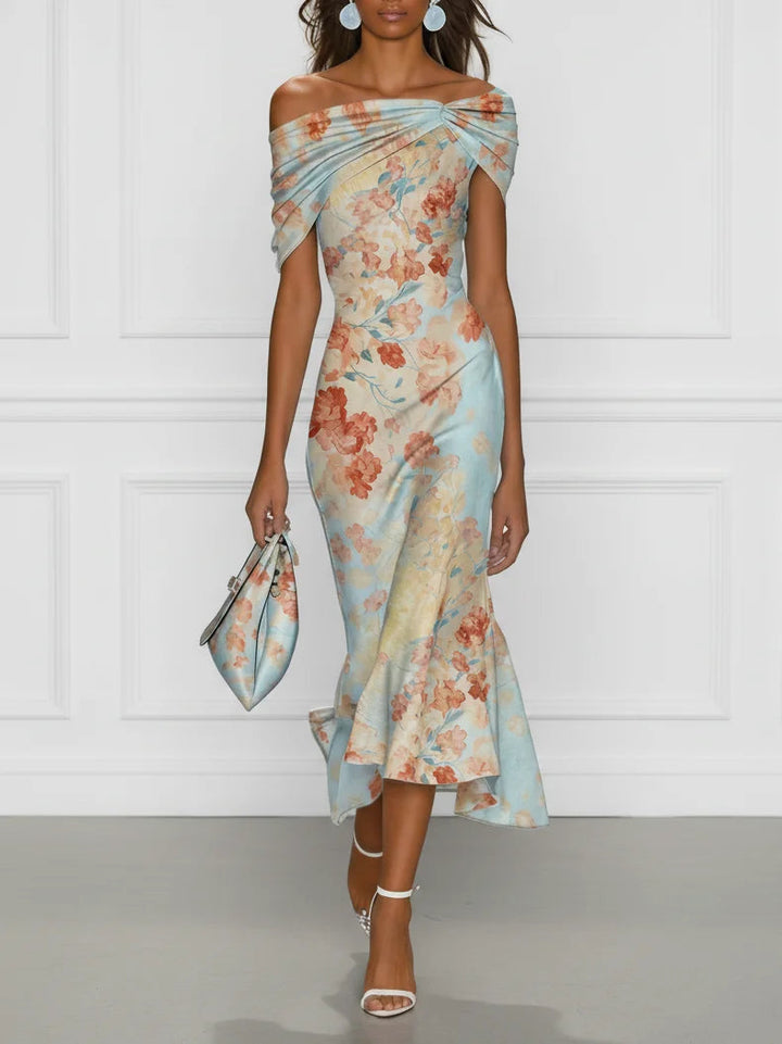 Vittoria - Robe Midi Sirène Sans Manches, Épaules Dénudées et Motif Floral Bleu