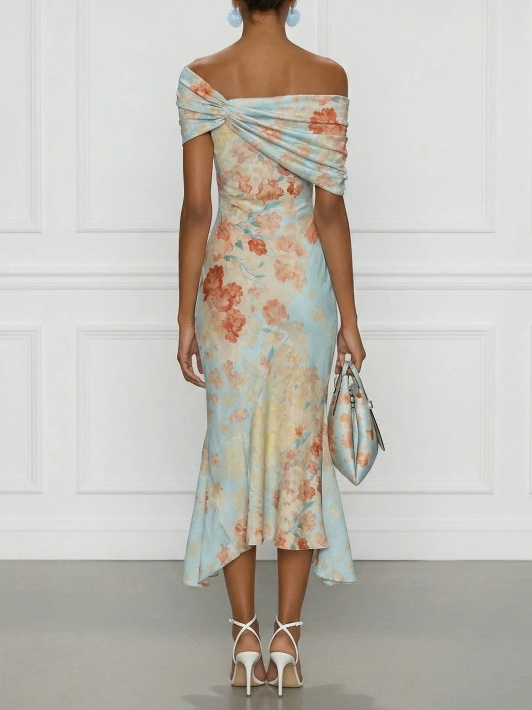 Vittoria - Robe Midi Sirène Sans Manches, Épaules Dénudées et Motif Floral Bleu